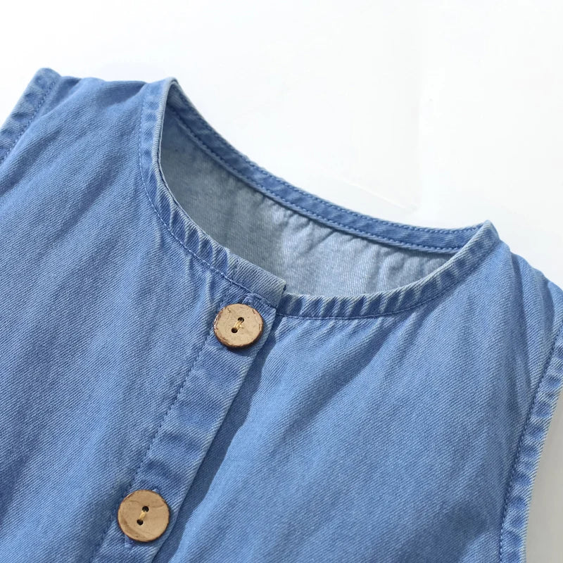 Vestido Infantil Feminino Jeans com Bordado de Unicórnio - Frete Grátis