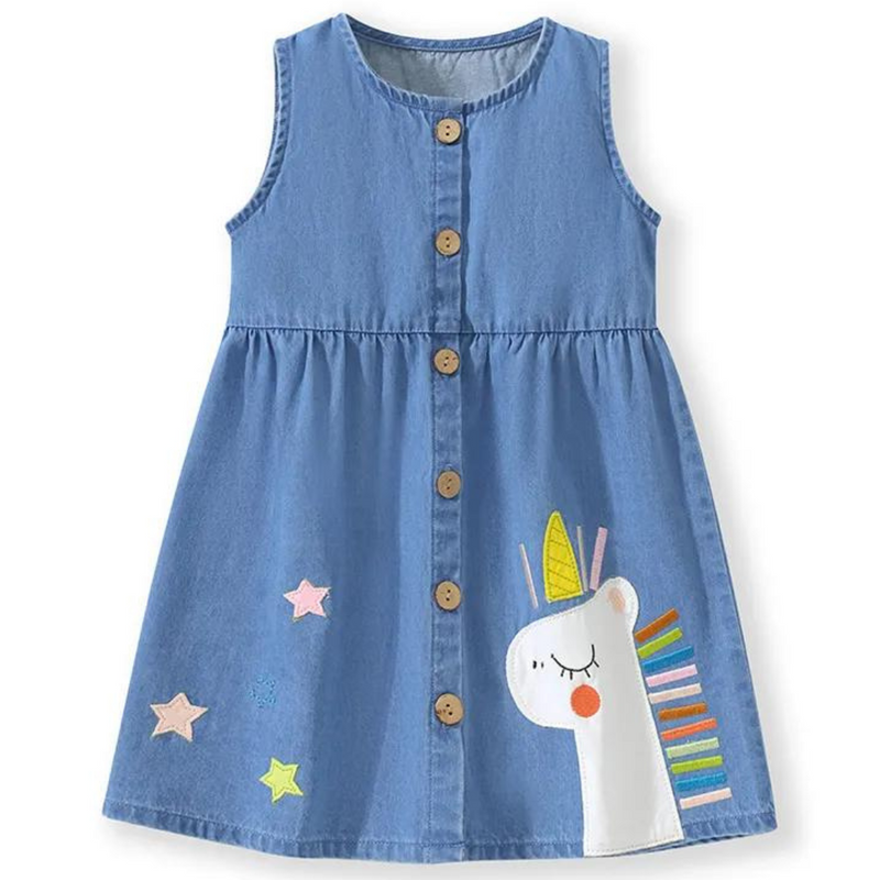 Vestido Infantil Feminino Jeans com Bordado de Unicórnio - Frete Grátis