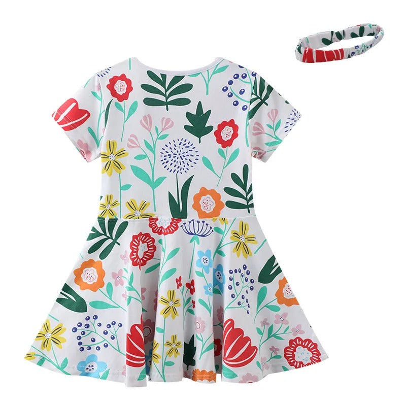 Vestido Infantil em Algodão Estampado + Laço (Brinde)